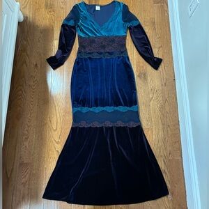 Vintage Casadei long sleeve maxi dress. Lace, mesh, and velvet fabric.